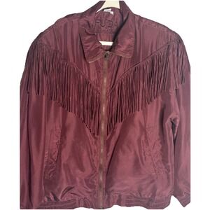 VTG Women's Fuda International Silk Jacket Fringe SZ Small Maroon Boho Y2K